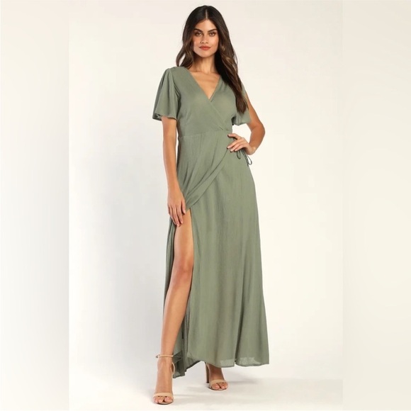 Lulus Much Obliged Washed Olive Green Wrap Maxi Dress - Picture 2 of 5